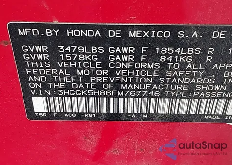 2015 Honda Fit Ex/Ex-L из США, поврежденный, VIN 3HGGK5H86FM767746